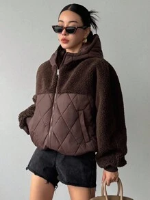 DAZY Women's Autumn/Winter Patchwork Houndstooth Short Lamb Wool Padded Coat Jacket - Brown - View 5