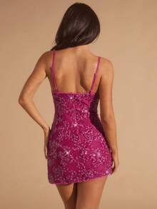 Glamine 女装秋季新款勃艮第彩虹色亮片连衣裙女装夏季新款浪漫性感露背迷你裙，渐变花卉 - 玫紅色 - 查看 2