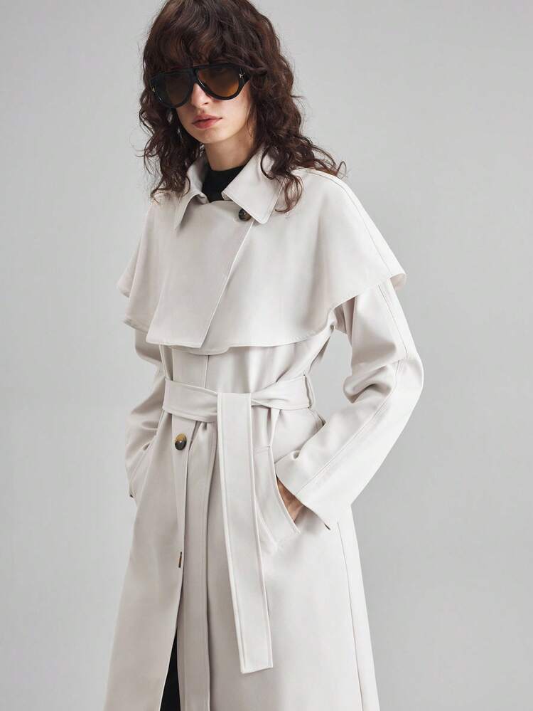 Women's White Autumn Elegent Office Trench Coat,High-End Urban Commuter Solid Color Business Casual Old Money Style,Modern Simple Chic Street Wear