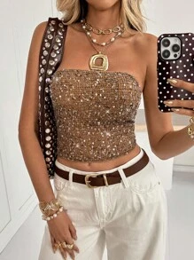 Áo crop top đính sequin thời trang dành cho nữ - Màu nâu  Mocha - Xem 6