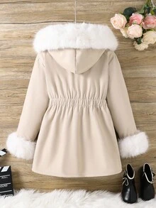 女孩舒适休闲宽松毛绒衬里仿皮草装饰连帽中长款派克大衣 - 米色 - 查看 2
