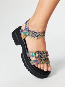 ROMWE Grunge Punk 女式夏季露趾深摇滚朋克哥特罗马海滩凉鞋，星形扣带厚底坡跟鞋 - 彩色 - 查看 3