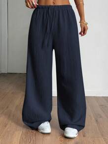 SHEIN PETITE Women's Summer Textured Fabric Straight Leg Pants Fall Cloth For Women - Navy Blue - View 6