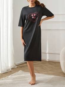 RueChic Women Contrast Colour Tiny Hearts With Pattern Homewear Sleep Dres - Grey - View 5