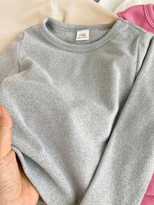 SHEIN LMoss Kids LMoss 年轻女孩休闲基础款纯色针织弹力长袖汗衫上衣多件 6 件套，非常适合秋冬季休闲日常穿着和上学日常，必备百搭，妈妈和女儿搭配，姐妹和我搭配， - 粉色 - 查看 6