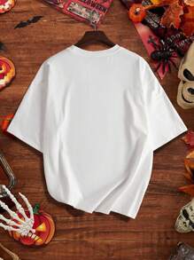 Manfinity Joysei 万圣节可爱鬼魂手拿咖啡杯休闲印花标准版型男士白色圆领 T 恤 - 白色 - 查看 3