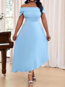 Fleurora Plus Size Women's Elegant Summer Light Blue Dress,Off Shoulder Asymmetric Hem Solid Wedding Guest Dress - Blue - View 4