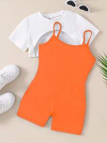 2 chiếc/bộ áo crop top tay ngắn + áo liền quần màu cam trơn cho bé gái tuổi mới lớn, thích hợp cho các buổi tụ tập ngoài trời, vui chơi và chụp ảnh - Nhiều màu - Xem 4