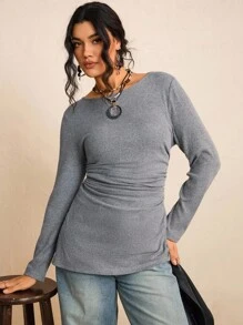 SHEIN LUNE Plus Size Women's Round Neck Ruched Slit Fitted T-Shirt  Work/Office Fall/Winter Clothes Grey Chic Going Out  Elegant
