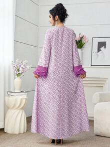 Yasmyna Vestido de mujer con estampado floral elegante, mangas plisadas y parches, con estilo árabe encantador, para primavera/verano