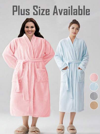 SHEIN 1 قطعة بشكل مقاس كبير من الفليس المرجاني بألوان متعددة لحمام النساء، رداء حمام للنساء بعد الاستحمام، رداء طويل، ناعم جدًا، سريع التجفيف فائق الامتصاص، ملابس منزلية، ملابس نوم، منشفة قابلة للارتداء