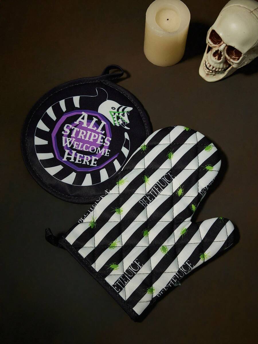 Beetlejuice X SHEIN 冥界巫师沙虫印花厨房耐热套装，黑白条纹，烤箱手套/锅垫，烘焙必备，有效隔热，男女通用，哥特风 - 黑與白 - 查看 1