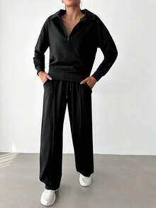 EURMUSE Women's Casual Solid Color Sweatshirt And Sweatpants 2 Pieces Set - Black - View 5