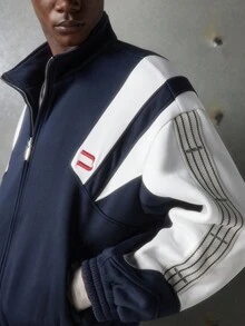 NEON BLANC Men's Casual Versatile Contrast Color Patchwork Zip Jacket, For Outdoor, Spring - Navy Blue - View 6