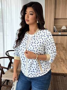 Weeklong Jaket Ukuran Besar Warna Putih dengan Motif Hati Biru dan Kantong Resleting, Gaya Kasual untuk Wanita Musim Gugur dan Musim Dingin - MultiWarna - View 5
