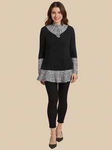 SHEIN LUNE 围脖领束腰外衣 长袖拼布 A 字形上衣 - 黑與白 - 查看 6