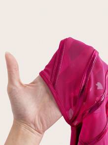 SHEIN ICON Hollow Out Mesh Contrast Halter Neck Dress With Ribbon Tie Y2K Bodycon Club Women Outfits Black Mini Dress One Piece - Hot Pink - View 5