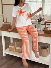 SHEIN 不对称设计女式睡衣套装，采用针织面料和鲜艳的橙色条纹 条纹睡裤 女式碎花睡衣套装 女士夏季睡衣套装 橙色睡衣套装 女士橙色睡衣套装 女士碎花睡衣套装 - 彩色 - 查看 6