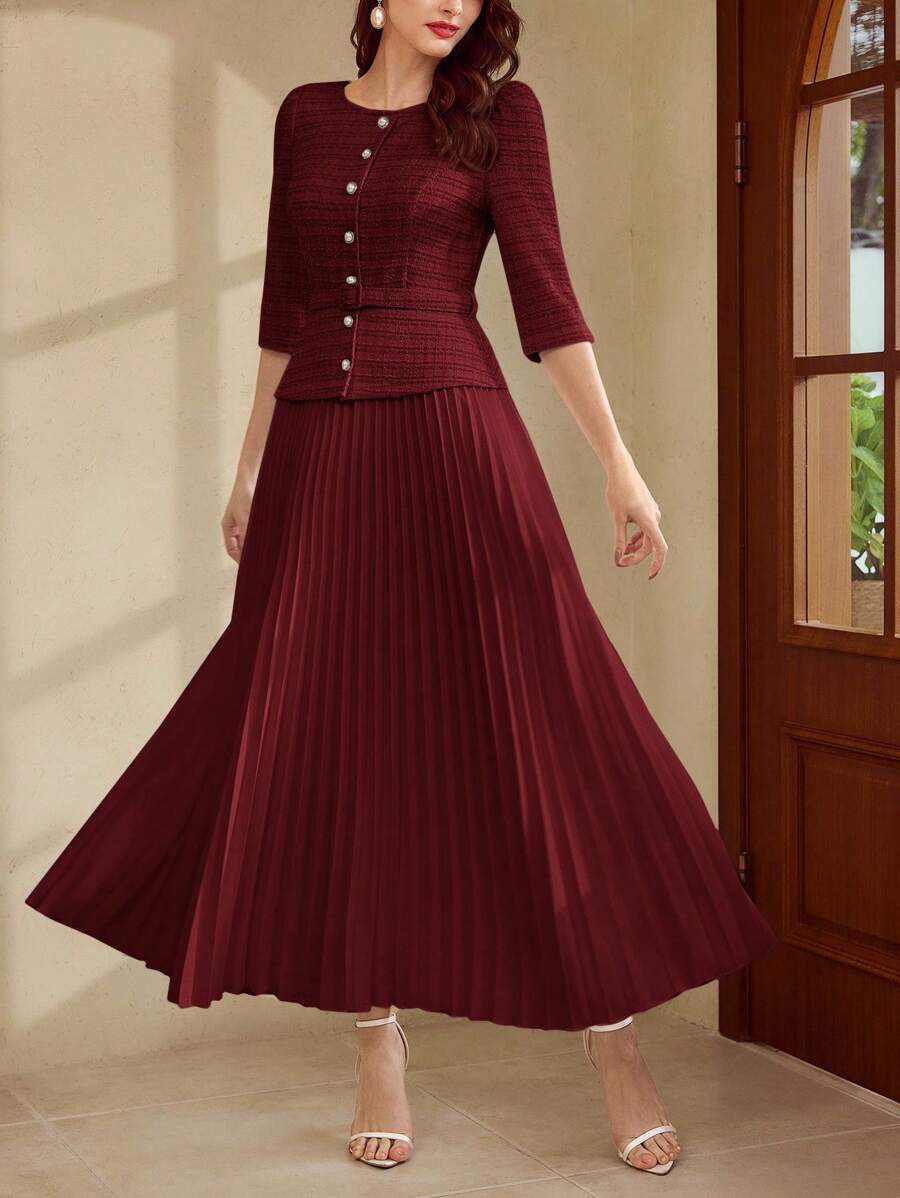 Vintamour Váy nữ cổ điển thanh lịch, váy xếp ly dệt kim jacquard ôm sát mùa xuân/hè, váy tay 3/4, váy dài màu trắng - Màu Đỏ Sâu - Xem 1