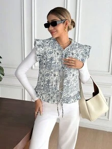 SHEIN Frenchy Women's Floral Print Front Tie Cap Sleeve Fashion Winter Jacket Casual - Multicolor - View 7