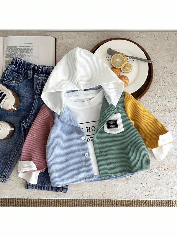 SHEIN Baby Boy Casual Color Block Loose Fit Lange Mouw Capuchon Zacht Corduroy Shirt Jas, Geschikt Voor Dagelijks Gebruik, School, Buiten