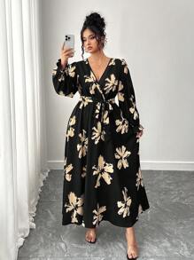 Elenzga Plus Size Women's V Neck Lantern Sleeve Waisted A-Line Maxi Dress, Autumn And Winter Fall Cloth For Women - Multicolor - View 4