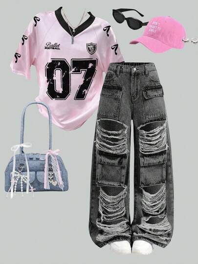 SHEIN Girlism 青少年女孩时尚做旧阔腿工装牛仔裤