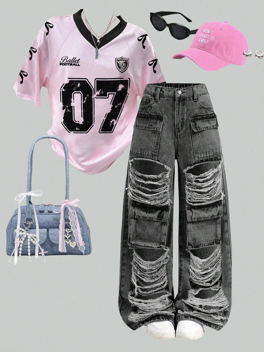 SHEIN Girlism Tween Girls' Fashion Distressed Wide Leg Cargo Jeans Fall Winter - Black - View 1