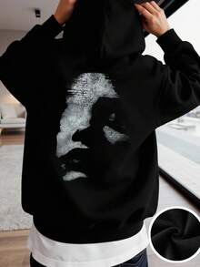 SHEIN Bolty Teen Boy Casual Minimalist Fashion Classic Cool Silhouette Face Graphic Print Hoodie Sweatshirt, Suitable For Autumn Fall Winter - Black - View 1