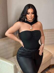 NU&NOW 2025 大码女装优雅时尚设计纯色高弹力面料金属可调节扣百搭设计感高端吊带背心 - 黑色 - 查看 5