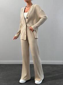 SHEIN Cottnline Feel Comfortable And Cozzy Cardigan Top& Pants Set - Beige - View 6