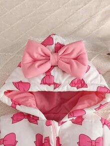 SHEIN 1 件女婴纯棉连帽连体衣，韩版蝴蝶结印花可爱甜美时尚百搭休闲厚保暖冬装 - 粉色 - 查看 8