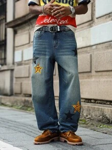 PAVTROS Manfinity Streetrush Men's Leopard Print & Star Pattern Pocket Loose Fit Jeans, All Season, Streetwear - Blue - View 3