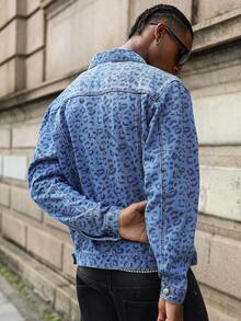 PAVTROS 男士豹纹长袖单排扣休闲牛仔夹克 - 淺色水洗藍 - 查看 2