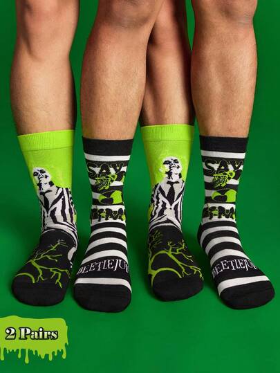 Beetlejuice X SHEIN 2 Pairs  Men&Women Soft & Breathable Moisture-Wicking Casual Mid-Calf Socks Fashionable Stripe Black&Green Crew Socks Reinforced Toe & Heel For Durability Unisex All Season All-Match Summer Winter,Goth,Cosplay