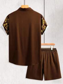 Manfinity RSRT Bộ đồ thường ngày áo sơ mi tay ngắn và quần short in họa tiết cổ điển dành cho nam - màu nâu - Xem 2