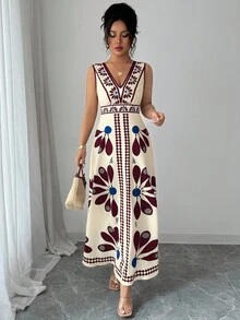 Elenzga 女士度假花卉印花无袖V领连衣裙 - 酒紅色 - 查看 3