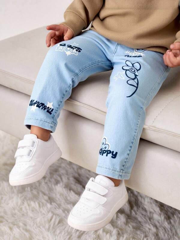 Baby Mädchen gestrickte Leggings mit Buchstaben- und Blumenmuster in Jeans-Optik, geeignet für Ausflüge, Treffen, Partys und andere Anlässe, Herbst/Winter gestrickte Hosen für Baby Mädchen