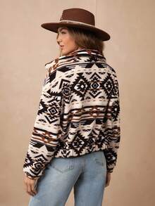 Wildy Women's Fashion Casual Geometric Pattern Fleece Jacket Zippered Plush Jacket, Autumn & Winter