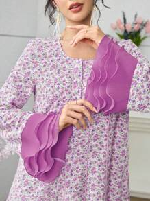 Yasmyna Vestido de mujer con estampado floral elegante, mangas plisadas y parches, con estilo árabe encantador, para primavera/verano