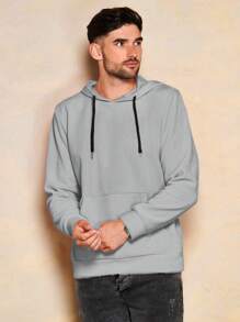 EURMUSE Herren Einfarbiger Kapuzenpullover mit Kordelzug, Herbst - Grau - Übersicht 5