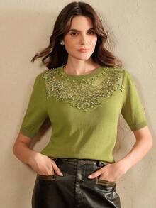 Anewsta Nuova Maglietta a Maniche Corte Ricamata, Design Elegante in Seta Lavorata a Maglia con Inserti in Pizzo, Maglione Elegante e Raffinato da Donna di Alta Gamma