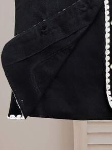 SHEIN Tween Girls' Elegant College Style White Contrast Trim Pocket Hooded Coat - Black - View 6