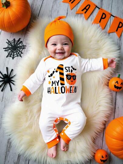 SHEIN 2Pcs/Set Halloween Slogan Graphic Baby Boy Orange Contrast Knit Long Sleeve Jumpsuit & Elastic Waist Hat, Jumpsuit Has Snap Closure At Bottom For Easy Dressing, Suitable For Halloween Outings And Casual Everyday Wear Newborn Halloween Clothes Pumpkin Newborn Outfit Baby 1st Halloween Outfit Newborn Halloween Costume Baby Halloween Outfit My First Halloween Outfit Spooky Baby Clothes Pumpkin Baby Outfit Fall Winter