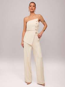 Silquee Women's Strapless Single-Breasted Metal Button Asymmetrical Hem Top And Wide-Leg Pants Fashion Party & Commute Suit - Beige - View 7