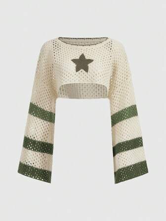 Fairycore Maglia corta estiva traforata a uncinetto con motivo a stelle, top a maniche lunghe