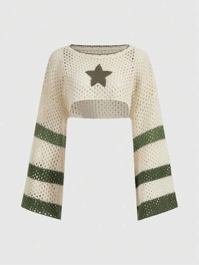 Fairycore Summer Crochet Star Pattern Hollow Out Crop Sweater,Long Sleeve Tops