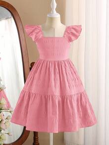 SHEIN Tween Girls' Ruffle Sleeve Bow Back Square Neck Textured Midi Dress - Baby Pink - View 4