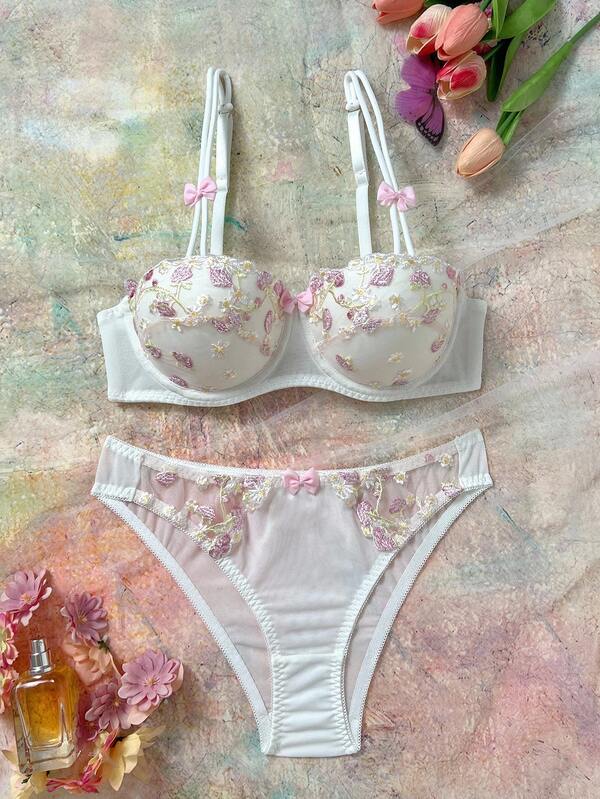 FloralLove Conjunto de lingerie de malha com bordado floral elegante feminino 2 peças