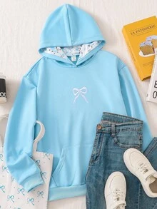 少女休闲时尚可爱粉色蝴蝶结刺绣卫衣，蝴蝶结卫衣，可爱卫衣，蓝色卫衣，学院风卫衣，秋冬款 - 藍色 - 查看 6